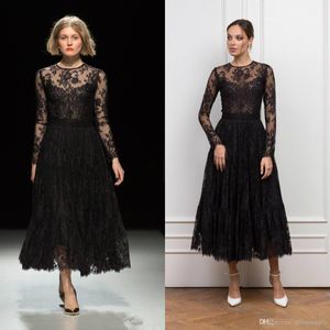 Pokaż mody Gothic Black Tea Długość Prom Dresses z długim rękawem Klejnot Neck Full Lace Formalne Suknie Wieczorowe Wear Robes De Soirée Custom