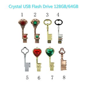 Kristal Anahtar Kalem Sürücü 128 GB Metal Bronz Kalp Anahtar Flash Sürücü USB 2.0 Pendrive Memory Stick Sürücüler 64 GB USB Flash Sürücü Gerçek Kapasite