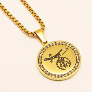 Shriners in acciaio inossidabile 316 Finitura in oro placcato Argento massonico Massone Santuario Ciondolo Scimitarra Medaglia rotonda Gioielli con ciondolo con bordo CZ