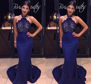 Elegant Royal Blue Mother of the Bride Dresses Lace Applique Mermaid Prom Dresses Halter Long Formal Evening Dress Wear Vestidos De Z135