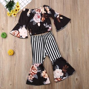 2 adet Toddler Çocuklar Bebek Kız Yaz Flare Uzun Kollu Kapalı Omuz T-shirt Çizgili Flare Uzun Pantolon Giysileri Kıyafetler Set Tops