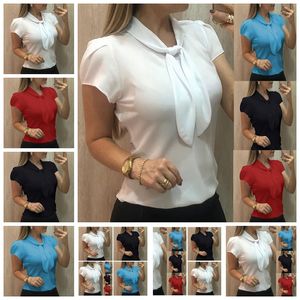 Spot hot European spring and summer new solid color short-sleeved bow temperament casual chiffon shirt support mixed batch