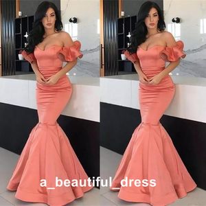 Coral Sexy Evening Dresses Off Shoulder Short Sleeves Mermaid Prom Gowns Back Zipper Floor-Length Custom Made Formal Party Gowns ED1278