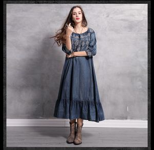 Spring Dress Style Ruffled Stor Demin Lös Bekväm Denim Kjol Broderi Sleeve Klänningar Plus Storlek 2021