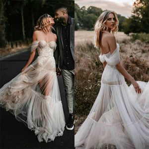 Sexy Illusion Boho Wedding Dresses Off-shoulder Sleeveless Appliqued Lace Elegant Bridal Gown Beach Sweep Train Robes De Mariée Cheap