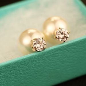 Hurtownia Moda Kolczyki Dwustronne Super Błyszczące Cyrkon Diamentowe Kryształ Pearl Stadniny Kolczyki Dla Kobiety Białe Złoto