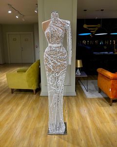 2020 Illusion Mermaid Prom Dresses High Neck Long Sleeve Sequins Beads Tulle Party Gowns Sweep Train Prom Gowns