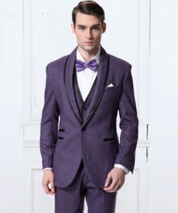 Moda Fioletowy Groom Tuxedos Szal Kapel Slim Fit Bardegroom Blazer Mężczyźni Garnitury Formalne Prom Party Garnitury (Kurtka + Spodnie + Kamizelka + Kamizelka) 788