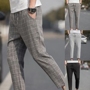 Plus Size Men Plaid Drawstring Pockets Elastic Waist Pencil Trousers Ninth Pants Brand Casual Harem Pants Men Trousers Clothes