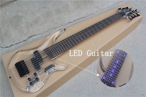 New 7 cordas LED Baixo corpo acrílico Vidro guitarra baixa elétrica 24 trastes Preto Hardware Electric Bass