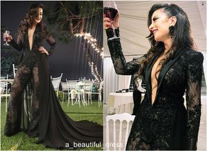 Evening Dress With Detachable Train Jumpsuits Deep V Neck Long Sleeves Lace Appliqued Formal Party Gowns Custom Made Long Prom Dress ED1167