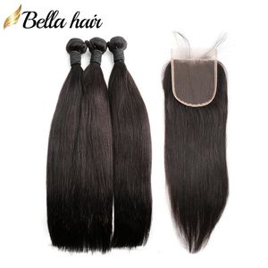 Top Lace Closure med buntar Indian Virgin Remy Human Hair Extensions Weft 3pcs + 1pc Lace Closure 4x4 Gratis Del Silky Straight Bellahair