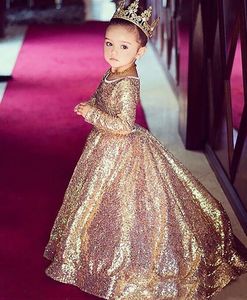 Girls Pageant Dresses Ball Gown Gold Sequined Jewel Neck Long Sleeves Hollow Back Sweep Train Kids Flower Girls Dress Birthday Gowns