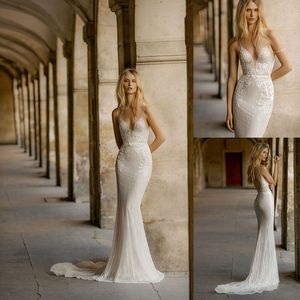 Gali Karten Mermaid Wedding Dresses Spaghetti Sequins Applique Bow Backless Wedding Dress Elegant Sweep Train Bridal Gowns