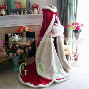 Het New Winter White Wedding Cloak Cape Huva med päls trim lång brudjacka riktig bild vår vinter ativer