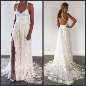 Spaghetti Strap Lace Evening Dresses With Sashes V Neck Criss Cross Straps Side Split Sweep Train Women Formal Prom Dresses Hot Sale