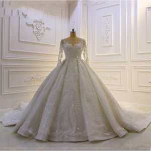 Quality Long Sleeve Pearls Beaded Lace Big Ball Gown Wedding Dresses in Dubai Luxury Long Tail