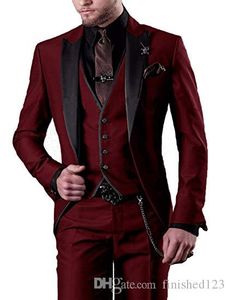 Sehr guter weinroter Bräutigam-Smoking mit einem Knopf und spitzem Revers, dreiteiliger Blazer für Hochzeit/Abschlussball/Abendessen (Jacke + Hose + Weste + Krawatte) W545