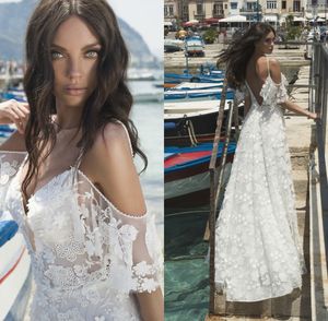 Uma Linha Boho Praia 2019 Cintas de Espaguete Lace Applique Tule Vestidos de Noiva Até O Chão Sem Encosto Sexy robes de mariée