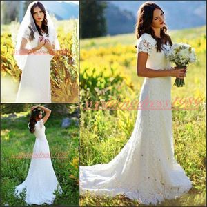 Piękny krótki rękaw boho koronki sukienka ślubna z koralikami Sash 2019 Ball Scoop Kraj Garden Panna młoda Suknie Robe de Mariée Suknie ślubne