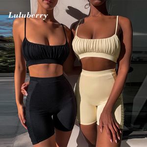 Sexy Ruffle Sport Set Mulheres Preto Verão Fino Dois 2 Peça Corda Bra Shorts Yoga Sportsuit Workout Outfit 2020 Fitness Gym Sets