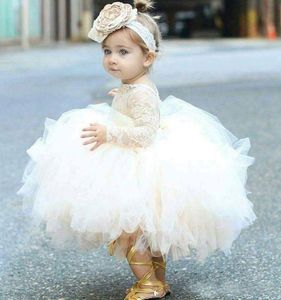 Wholesale baby ball clothing resale online - 2019 Lovely Ivory Baby Infant Toddler Baptism Clothes Flower Girl Dresses With Long Sleeves Lace Tutu Kids Ball Gowns Cheap