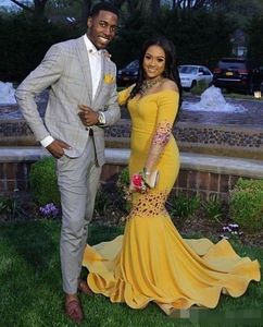 Prom Elegant Yellow Dresses Off the Shoulder Sweep Train Mermaid Pärled Crystal Long Hidees Plus Size Custom Made Evening Party Clows 0505