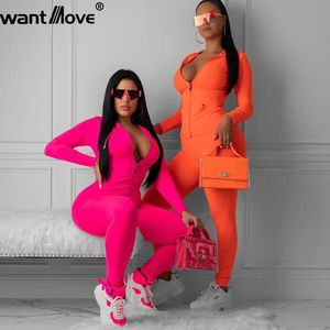 2019 Sonbahar Yeni Kadınlar 2 Parça Kıyafet İstemek Seksi Fermuar Uzun Kollu Top Pants Bodycon Solid Sport Track Suit WM1053