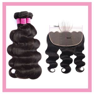 Peruvian Human Hair 13X6 Lace Frontal With 3 Bundles Body Wave 4PCS Virgin Hair Wefts 13 By 6 Frontal Pre Plucked Natural Color