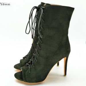 Rontic New Women Lace Up Boots Sexy Thin High Heels Mid-Calf Boots Charm Peep Toe Army Green Club Shoes Women US Size 4-10.5