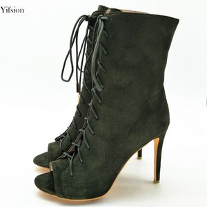 Rontic New Women Lace Up Boots Sexiga Tunna Högklackat Mellankväll Stövlar Charm Peep Toe Army Green Club Skor Kvinnor US Storlek 4-10.5