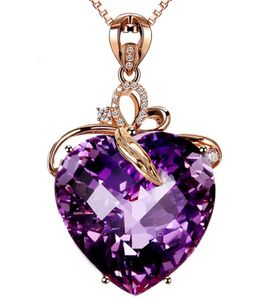 Luckyshine High Quality Love Heart Amethyst Cubic Zirconia Gemstone Rose Gold Pendants Necklaces For Holiday Wedding Party