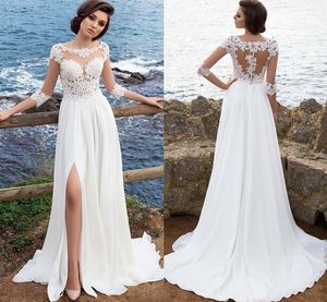 Summer Bridal Gowns Beach Millanova 2022 Sexy Sheer Lace Appliqued A Line Wedding Dresses Half Sleeves High Split Chiffon robe de mariee