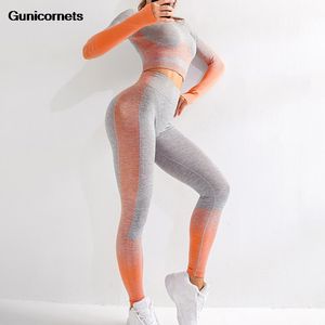 Roupa de ioga 2pcs Sport sem traje feminino de manga longa Tops de colheita+altas copas da cintura Leggings Fitness Set Gym Clothing