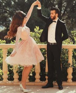 Elegante Tulle rosa e branco Renda Vestidos de baile V-neck Formal árabes vestidos de manga comprida Lace Joelho de comprimento vestidos de festa vestidos de noite