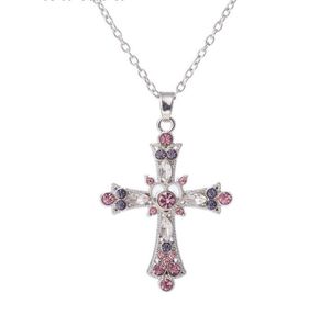 DN045 Colorido Cristal Religioso Cruz cor prata Pingente de Colar de Moda Rhinestone Charme Colares de Jóias para As Mulheres Presentes