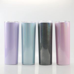 20oz glitter skinny tumbler dubbel vägg rostfritt stål kopp regnbåge vattenflaska isolerad kaffe öl rånar