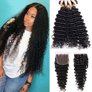 Brazilian Deep Wave Curly Virgin Hair 3 Bundles With 4*4 Three Part Lace Closure Human Hair Extensions Natural Color Can Be Dyed