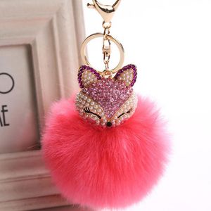 Winter Faux Rabbit Fur Ball Keychain with Rhinestone Fox Head Keyring Pompom Fluffy Key Chains Crystal For Women