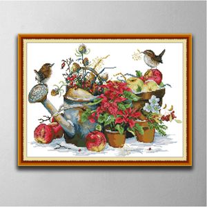 Flower pot and birds home decor paintings , Handmade Cross Stitch Craft Tools Embroidery Needlework sets counted print on canvas DMC 14CT /11CT