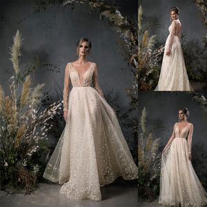 Naama & Anat Wedding Dresses Sheer Deep V Neck 3D Floral Appliques Bridal Gowns Backless Floor Length Wedding Dress