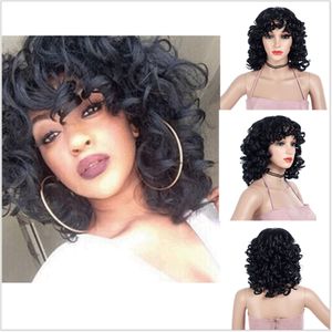 Afro peruk syntetiskt hår värmebeständig fiber naturliga svarta korta lockiga hårstrån peruker för svarta kvinnor
