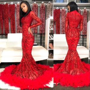 New Arabic Red African Sequins Feather Evening Dresses Wear High Neck See Through Mermaid Sequined Lace Long Sleeves Party Prom Gowns