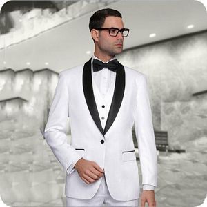 White Groom Tuxedos Black Shawl Lapel Groomsmen Mens Wedding Dress Excellent Man Jacket Blazer 3 Piece Suit(Jacket+Pants+Vest+Tie) 1762