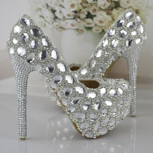 Silberne Strass-Abschlussball-Party-Schuhe für Damen mit hohen Absätzen, Hochzeitsschuhe der Braut, Signle-Pumps, Größe 34–45, Brautjungfern-Schuhe