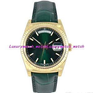 Nowe luksusowe zegarki męskie 118138 118139 36 mm Automatyczny ruch mechaniczny Złota stalowa ramka zielony skórzany pasek męski zegarki szafirowe szklane wodoodporne świetliste
