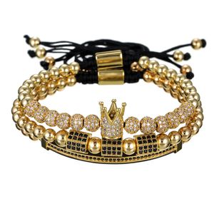 Le donne in rilievo 3pcs uomini braccialetto pavimenta 6 millimetri di diamante della CZ Tappi Briading Macrame del braccialetto di Corona Cuff Adjusted 17 centimetri-25 centimetri corda nodo Wristband