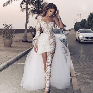 Attractive Beaded Lace Jumpsuit Wedding Dresses One Shoulder Long Sleeve Overskirt Bridal Gowns A Line Appliqued robe de mariee247E
