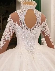 Винтажное бальное платье, свадебное платье 2020, роскошное атласное свадебное платье с высоким воротом и длинными рукавами, блестящими аппликациями236I