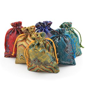 Vintage Seawater Drawstring Small Favor Bag Wedding Christmas Birthday Party Gift Bag Chinese Silk Brocade Jewelry Pouch Packaging Bags 10pc